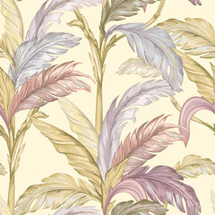 Seamless pattern of tropical leaves. Graphics in pastel colors. Palm leaves on a light background.