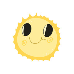 Cute baby smiling sun. Yellow sunny childish funny icon. Vector hand draw illustration