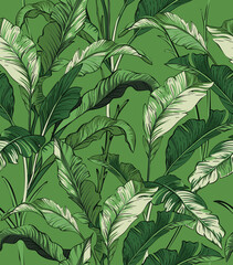 Seamless pattern of green palm tropical leaves. Vector illustration for wallpaper, textile, fashion. 