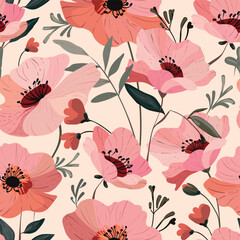 Flowering poppies on a beige background. Seamless flat pattern decorative red flowers. Pattern for any surfaces. Limited number of colours.