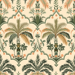 Seamless vector pattern in oriental style. Exotic plants, palm trees and flowers. 