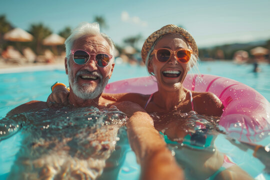 A couple of cheerful elderly people are having fun in the pool with friends. Elderly friends spend time by the pool on a hot day.