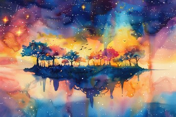 Obraz premium Colorful surreal landscape featuring floating island with trees. Blending vibrant colors and cosmic elements, perfect for creative backgrounds.