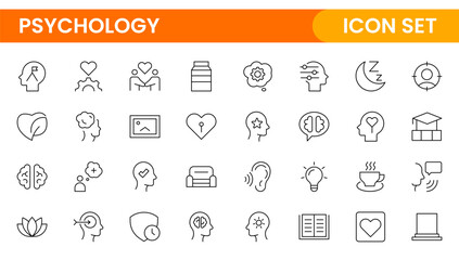 Psychology and mental line icons collection. Big UI icon set in a flat design. Thin outline icons pack.Set of positive thinking icon.be loved, healthy lifestyle, happiness, positive mindset.