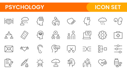 Psychology and mental line icons collection. Big UI icon set in a flat design. Thin outline icons pack.Set of positive thinking icon.be loved, healthy lifestyle, happiness, positive mindset.