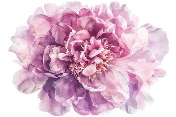 Obraz premium Elegant watercolor rendering of a pink peony in full bloom, against a white background, providing plenty of copyspace for text or design,