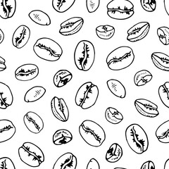 Coffee Bean seamless Pattern. Vector hand drawn outline illustration. Grains sketch drawing. Black and white line art. Vintage print for food packaging or fabrics and wrapping paper