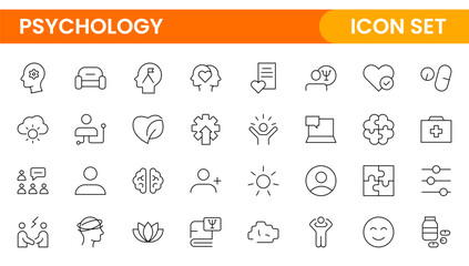 Psychology and mental line icons collection. Big UI icon set in a flat design. Thin outline icons pack.Set of positive thinking icon.be loved, healthy lifestyle, happiness, positive mindset.