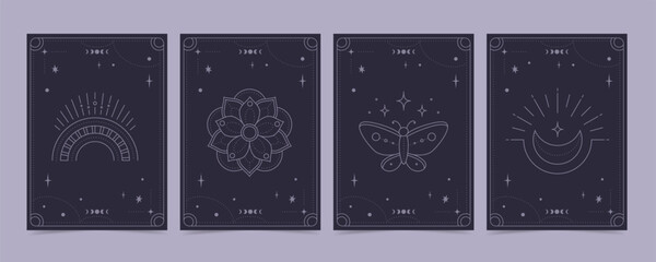 Tarot cards set - esoteric mystical deck with spiritual symbols. Vector design template, boho style