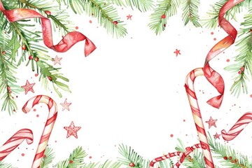 Fototapeta premium Festive Christmas frame with candy canes, ribbons, and pine branches. Perfect for holiday invitations, cards, or decorations.