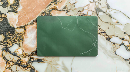 Business card mockup, 3d invitation card mockup, blank name card, green business card in the shape of a rectangle on top of marble