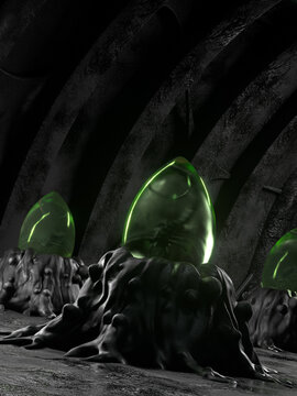 3d rendering of a mysterious alien eggs with a monstrous creature inside with the appearance of a giant spider in a dark and desolated spacecraft corridor