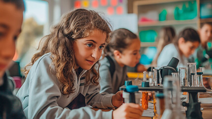 Elementary schoolgirl engagement in science experiment at school. Young learner conducting laboratory test in class. Practical learning experience with lab equipment at school.