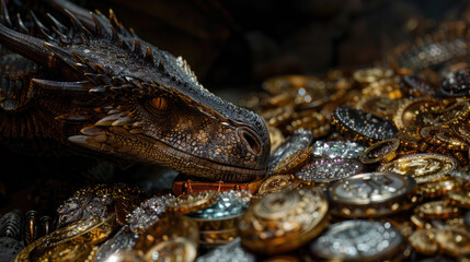 Fototapeta premium A dragon guarding a treasure trove of gold coins.