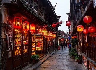 Obraz premium Chinese Street Lined with Red Lanterns
