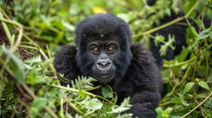 Obraz premium A close-up portrait of a young mountain gorilla peering through lush greenery in Volcano National Park, Rwanda