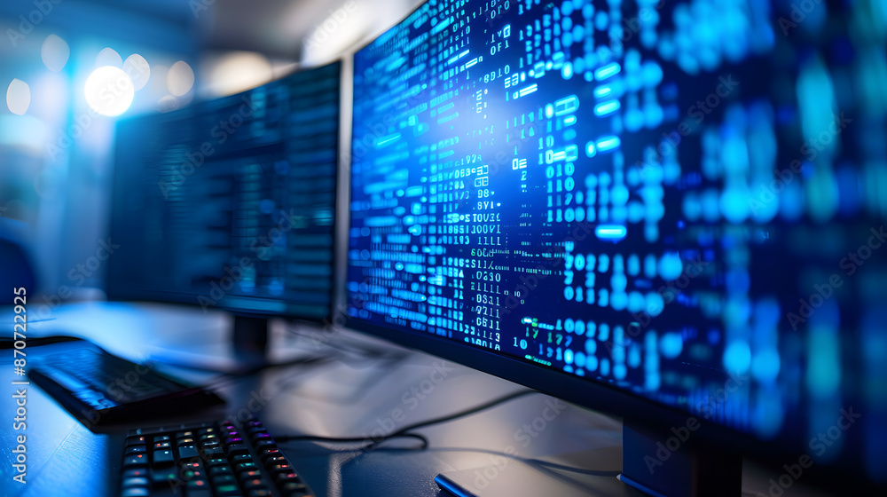 Poster high-tech workspace with dual monitors displaying blue binary code