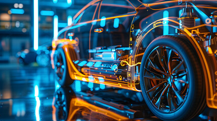 Fototapeta premium Futuristic car design with glowing digital interface in vibrant blue