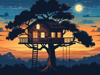 Fototapeta premium Carpenter constructing a treehouse, with ropes and ladders, showcasing creativity and outdoor fun