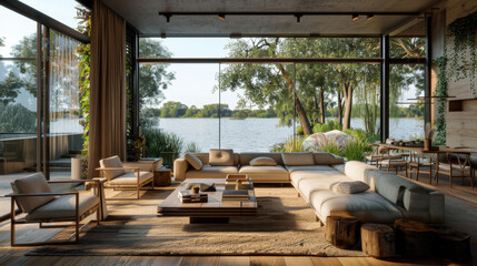 Interior of a modern living room in a lake house. Scandivian living room design with large panoramic windows and a cozy sofa. Fashion, interior concept.