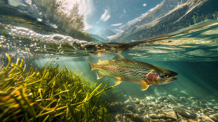 Fototapeta premium a rainbow trout swimming in the clear waters below, with mountains and forests visible above