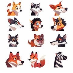Cartoon Animal Heads Illustrations Featuring Huskies, Wolf, Foxes, and Zebra in Vector Art