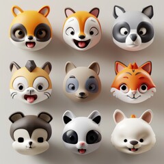 Fototapeta premium Cute 3D Animal Faces Collection Featuring Various Adorable Cartoon Expressions for Kids