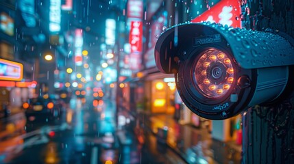 Surveillance Camera in Rainy Neon-Lit City Generative AI