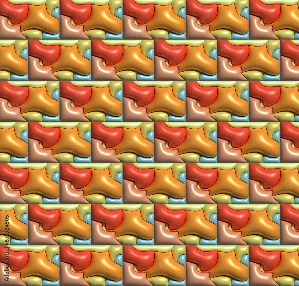 Poster abstract background with repeating elements in the form of inflated shiny soft various shapes, 3d re