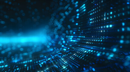 Digital stream of blue binary code with a high-tech feel.