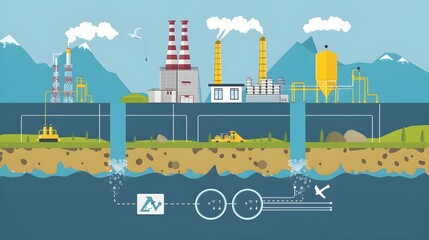 Naklejka premium Detailed Diagram of Water Cycle in Industrial Processes for Efficient Water Management