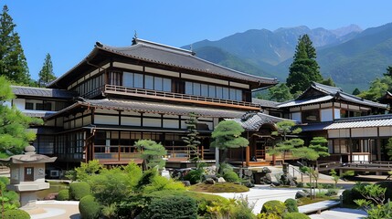 A traditional Japanese house with a beautiful garden and mountains in the background