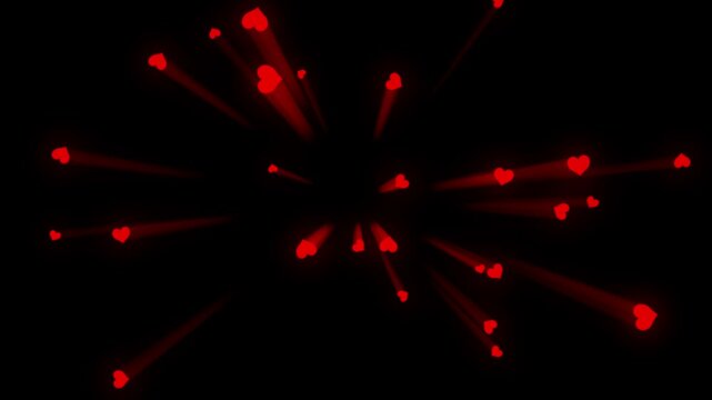 Animation of heart explosion. Bursts shiny hearts flying on a black background. Big hearts exploding into a lot of smaller hearts. Template for Valentine's Day or other celebration. 4K, Alpha channel.