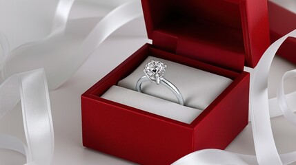 open red ring box with a silver diamond engagement ring inside, white background, white flowing around the box