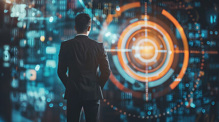 Businessman facing futuristic digital target interface in a high-tech environment