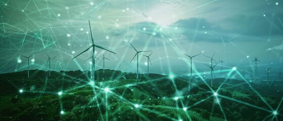 Obraz premium Global view of interconnected green energy sites, forming a web of sustainability, highlighting ESG initiatives