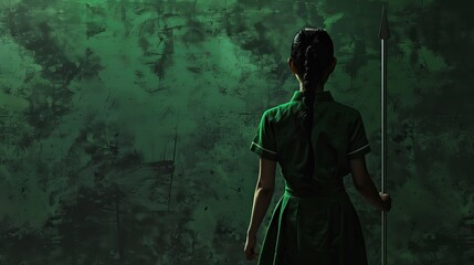 Obraz premium A mysterious woman in a green dress stands before a dark forest wall, clutching a pole. The scene resembles a setting from an actionadventure game, with hints of a lush jungle at midnight