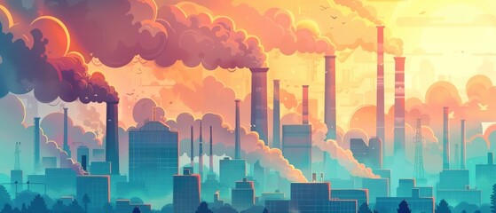 Mine with smoke stacks, ecological disruption, industry s effect on the planet