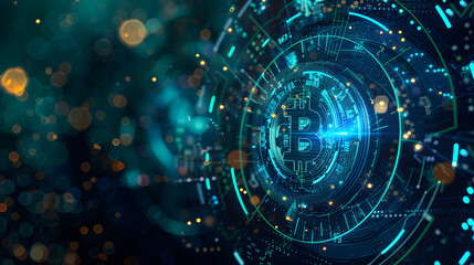 Digital bitcoin symbol with futuristic tech elements