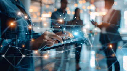 Office workers in business clothes use a new technology tablet with a global interface in a bright modern office. Professional business people reviewing work on a digital screen. Technology concept.