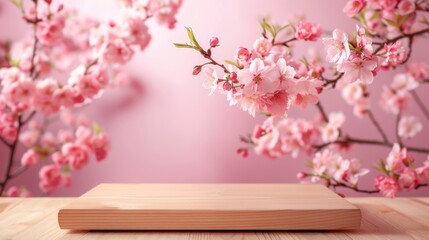 Rectangular wooden platform, pink backdrop, blooming cherry blossoms, perfect for beauty products