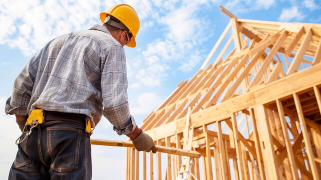 Carpenter framing a house, with beams and structural components, highlighting largescale construction and expertise