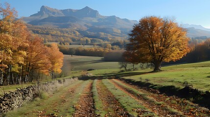 Naklejka premium Country road with autumn leaves and mountain view