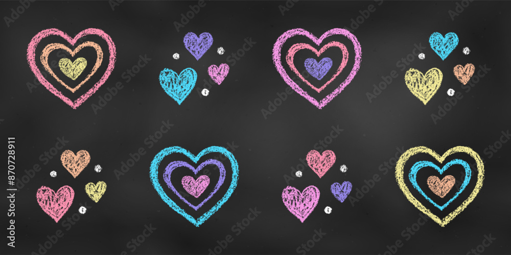 Wall mural realistic chalk drawn sketch. set of colorful design elements combinations of hearts isolated on cha