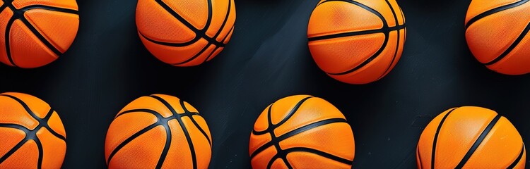 Fototapeta premium Many orange basketballs are neatly arranged on a black background