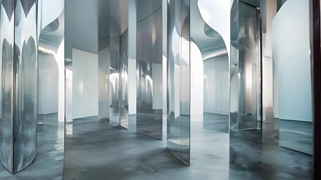 A series of rectangular mirrors with semicircular outs creating a sense of fluidity and movement.