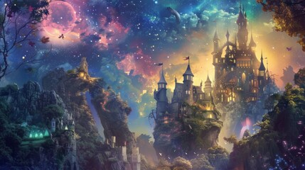Obraz premium Dreamlike Fantasy Castle in a Magical, Starry Landscape with Mystical Lights