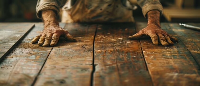 Carpenter restoring an antique piece of furniture, with detailed tools and worn wood, emphasizing preservation and skill