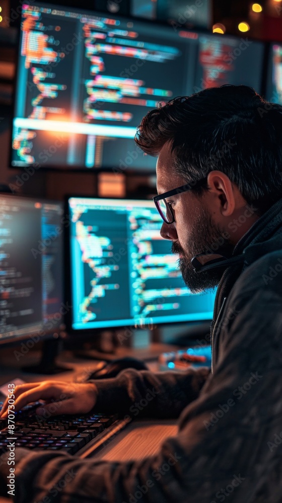 Poster A programmer works late at night in a dimly lit room, hunched over his keyboard and multiple monitors filled with code