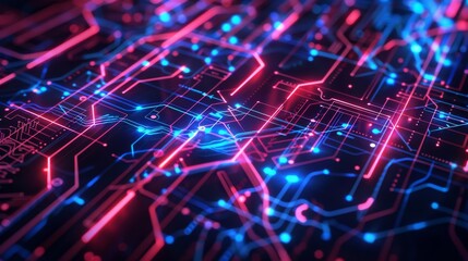 Fototapeta premium Abstract Digital Circuit Board with Neon Blue and Red Lights in a Futuristic Technology Background